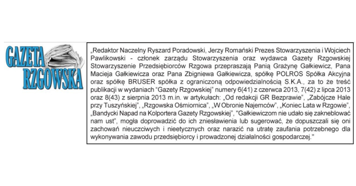 Kolejne przeprosiny od "Gazety Rzgowskiej", Ryszarda Poradowskiego i Jerzego Romańskiego!